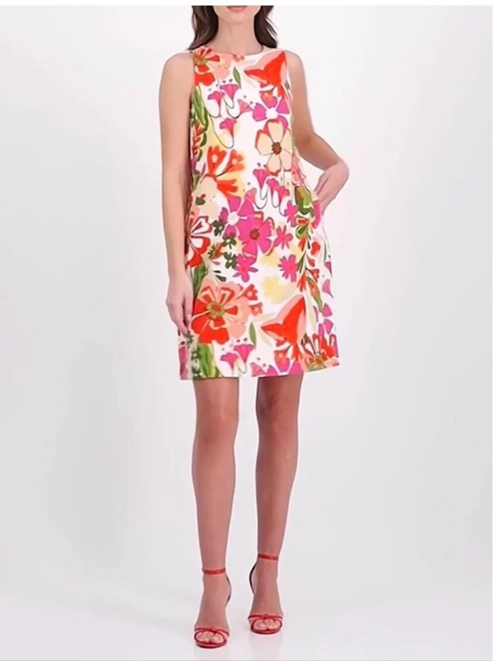 NWT Anne Klein Floral Sleeveless Sheath Dress Size 2 White Pink Red Green Spring